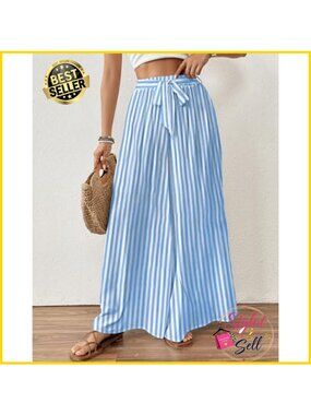 Floral Flowy Palazzo Pants Wide Leg Belted High Waist Beach Casual